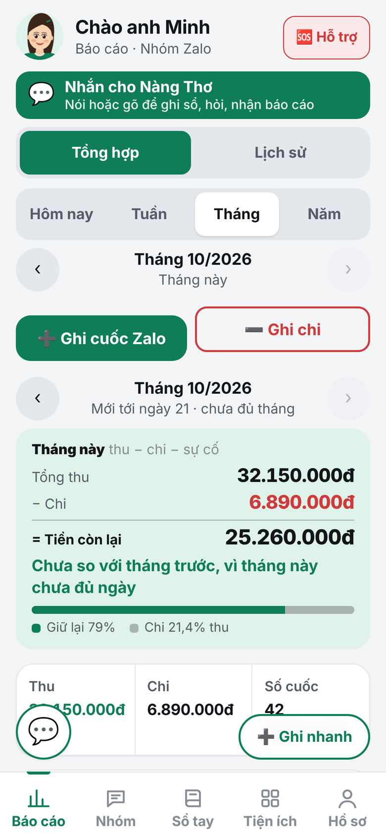 Màn hình báo cáo tuần của Nàng Thơ