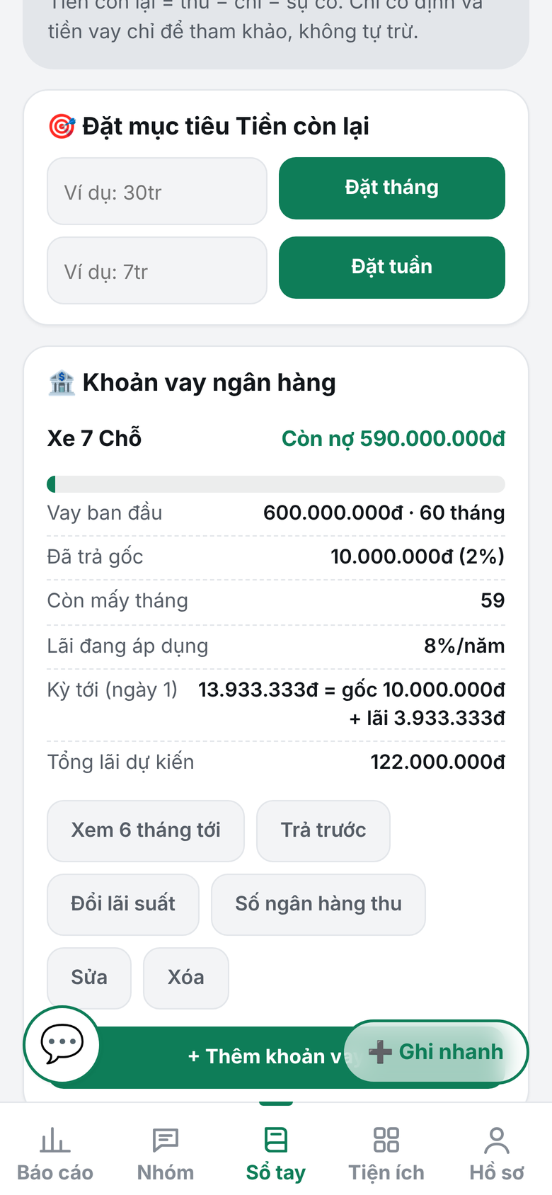 Sổ tay: mục tiêu, công nợ, giấy tờ